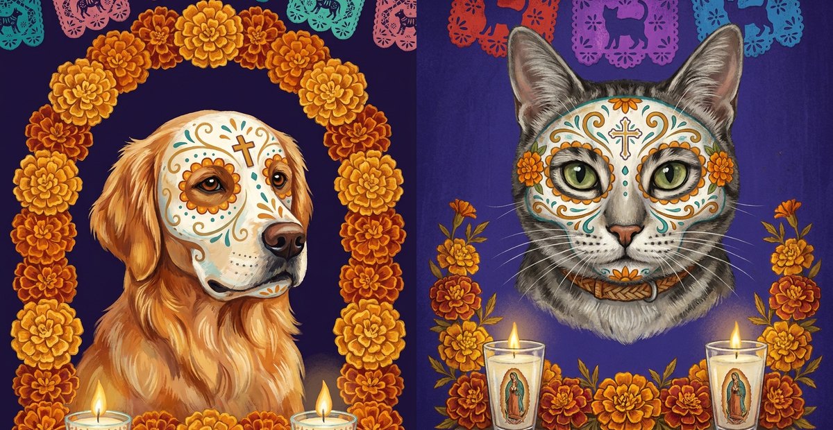 Día de los Muertos memorial portraits of a golden retriever and a grey tabby cat, faces painted as calaveras, framed by marigolds and lit veladoras.