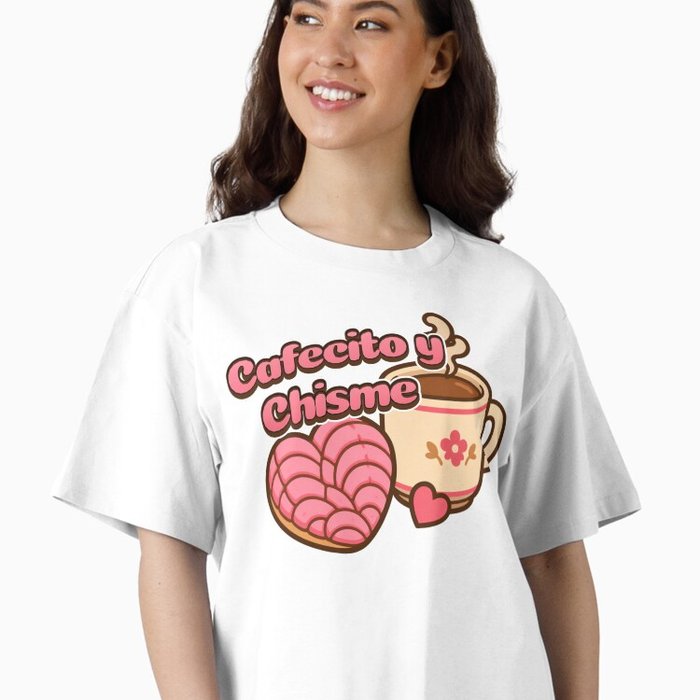 Cafecito y Chisme concha and coffee cup design on a t-shirt