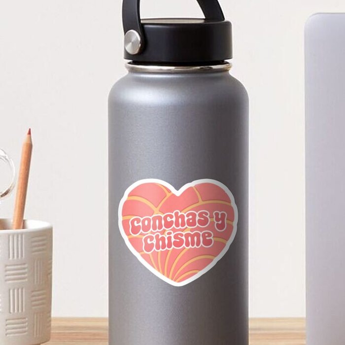 Conchas y Chisme heart-shaped concha sticker on a water bottle