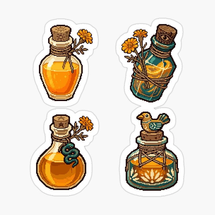 Día de los Muertos potion bottle collection pixel art stickers